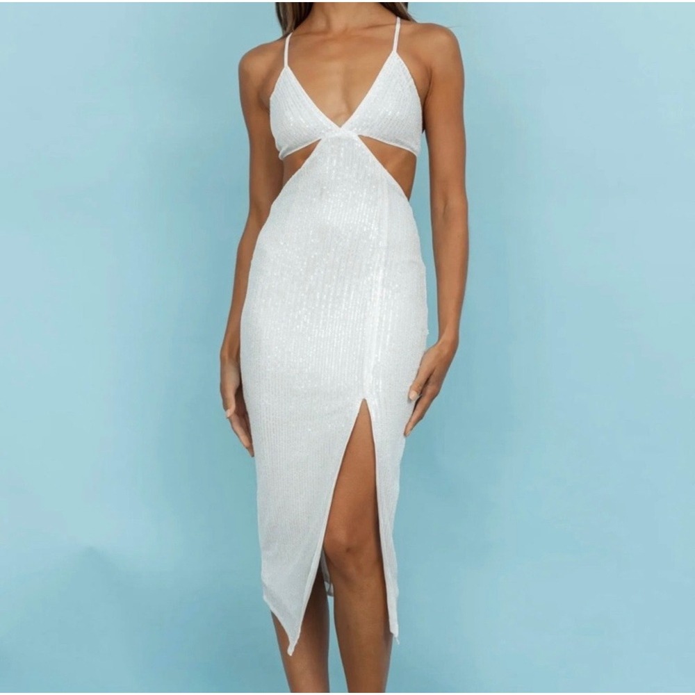 Hello Molly White Sequin‎ Cutout Midi Dress V-Neck Tie Back Formal Gown XS US 2
